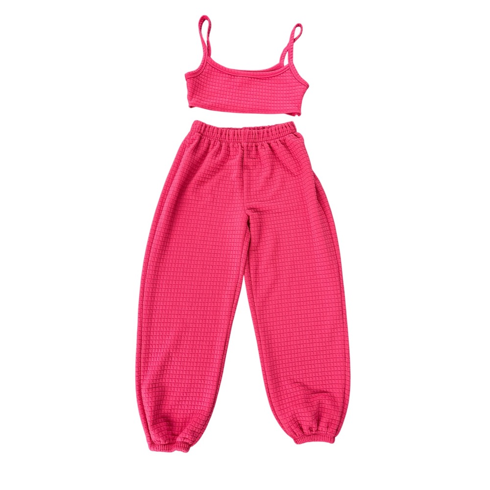 Princess Polly Pink Quilted Waffle Knit 2 Piece Set Crop Top Joggers Womens 8